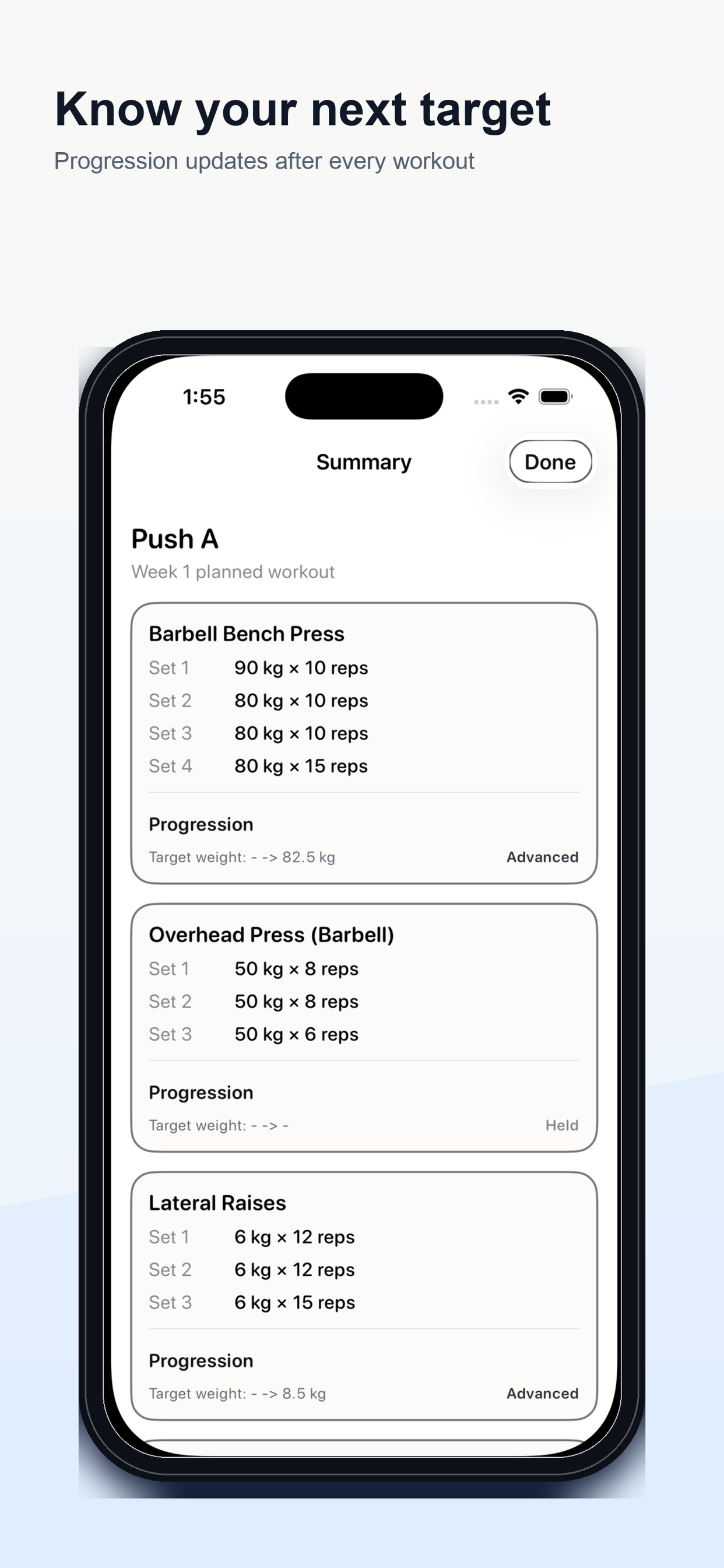 SetQuest screenshot showing the next workout target