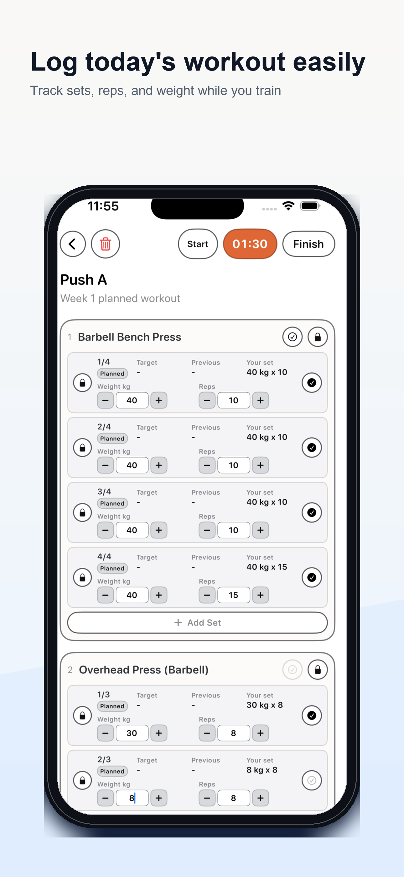 SetQuest screenshot showing workout logging