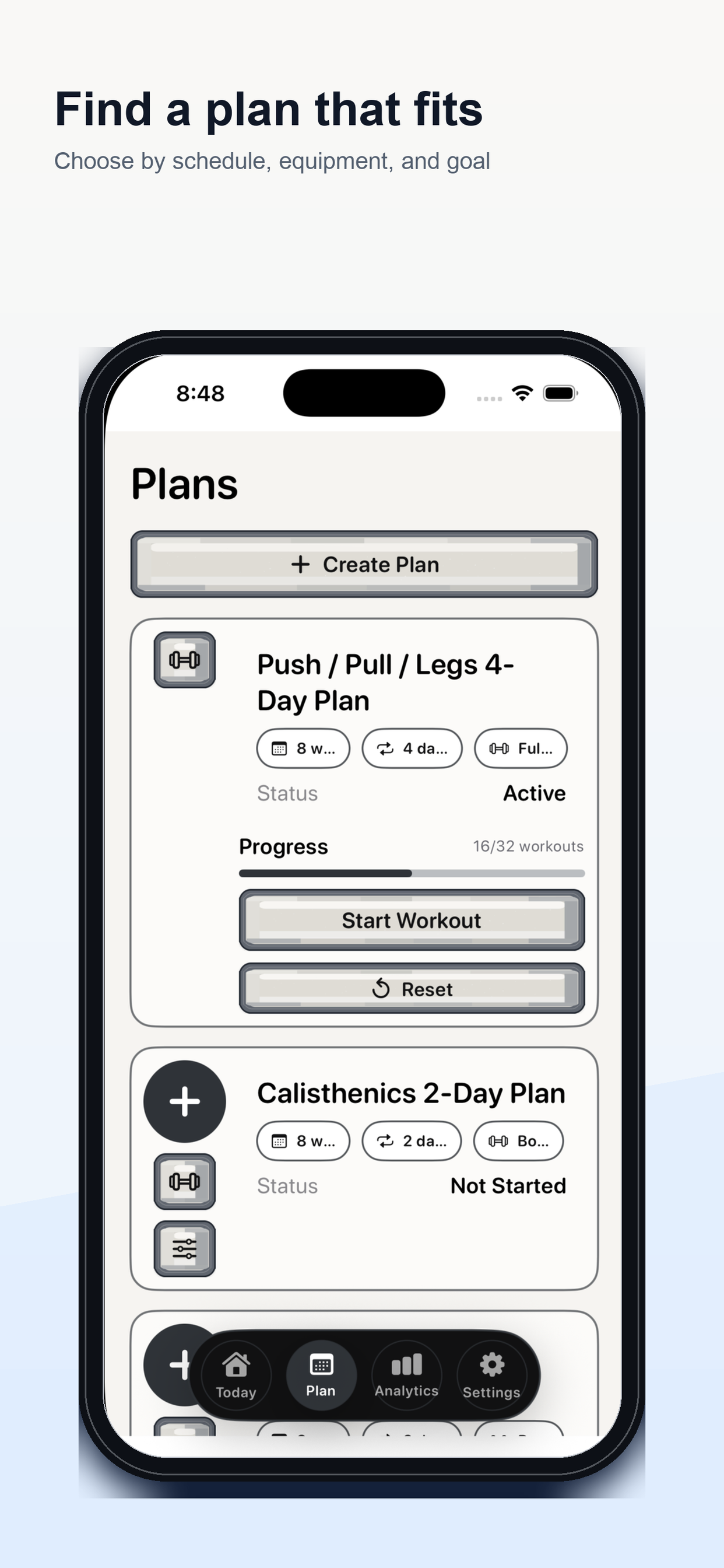 SetQuest screenshot showing workout plan choices